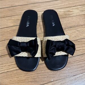 Prada Black and Tan Bow Slide Sandals